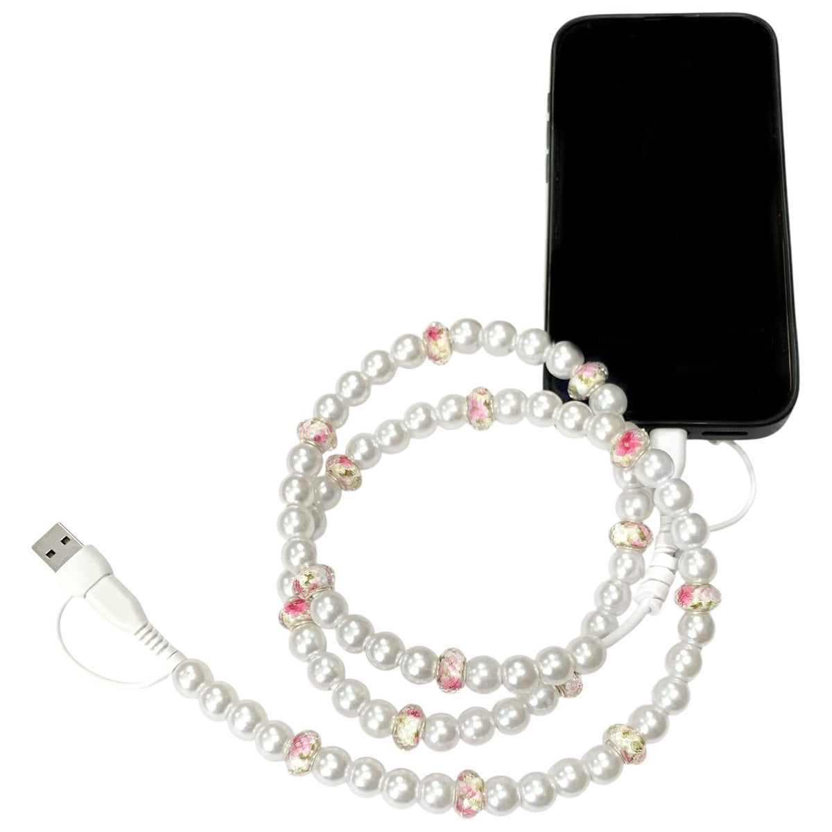 Beaded Phone Charger • Pearl Blossom
