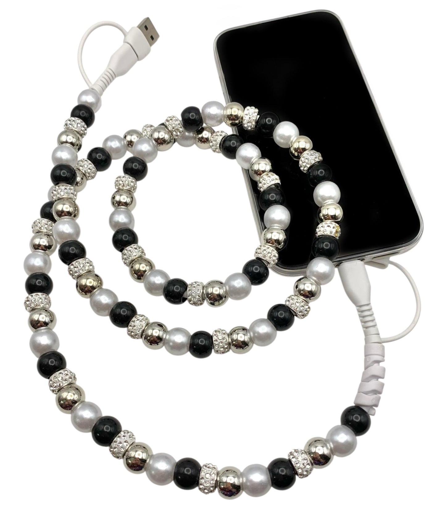 Beaded Phone Charger • Black Tie W/ Rhinestones