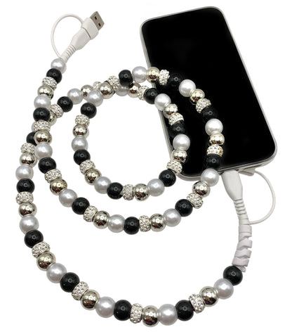 Beaded Phone Charger • Black Tie W/ Rhinestones
