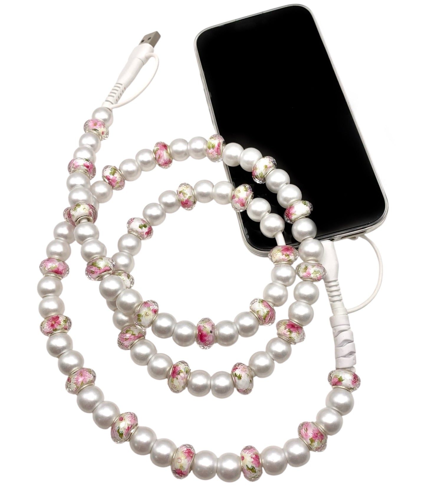 Beaded Phone Charger • Pearl Blossom