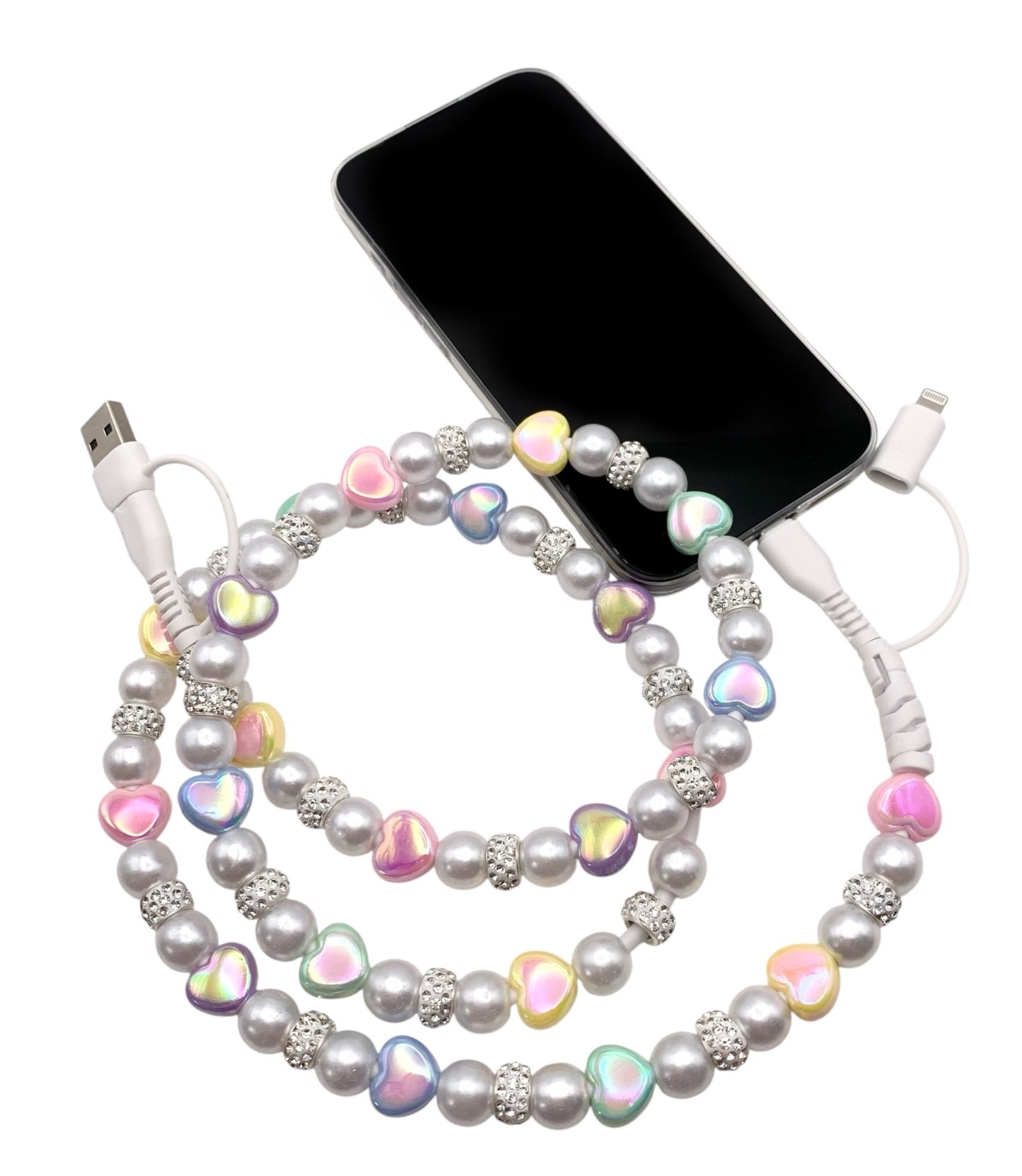 Cute heart cell phone cable with rhinestones
