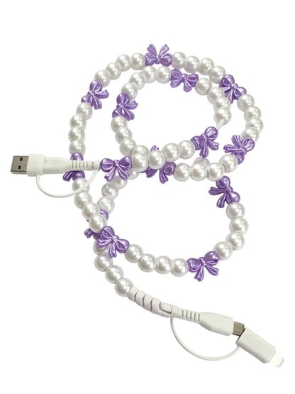 Pearl and purple bow cell phone cable