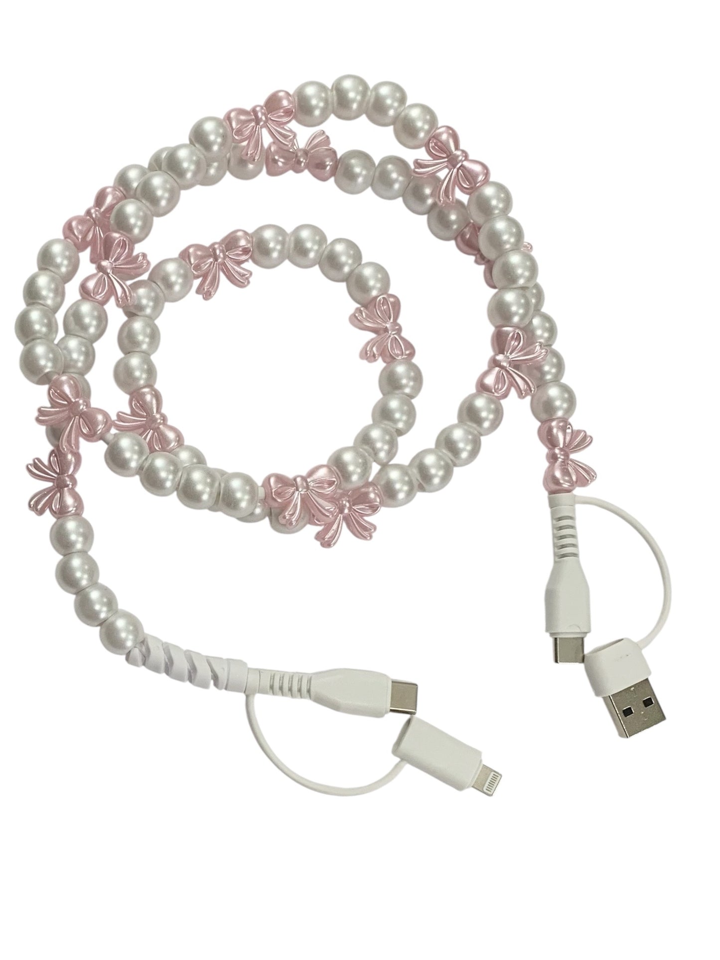 Pearl and pink bow cell phone cable