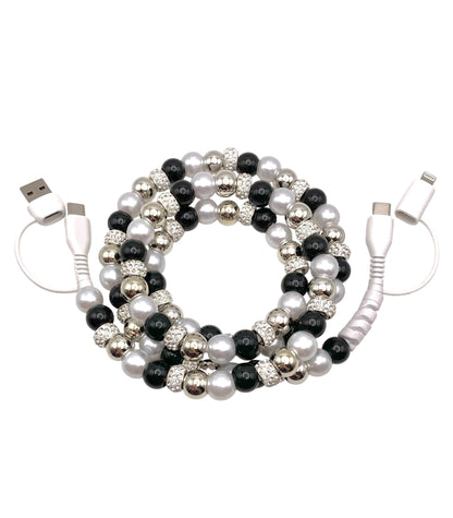 Beaded Phone Charger • Black Tie W/ Rhinestones