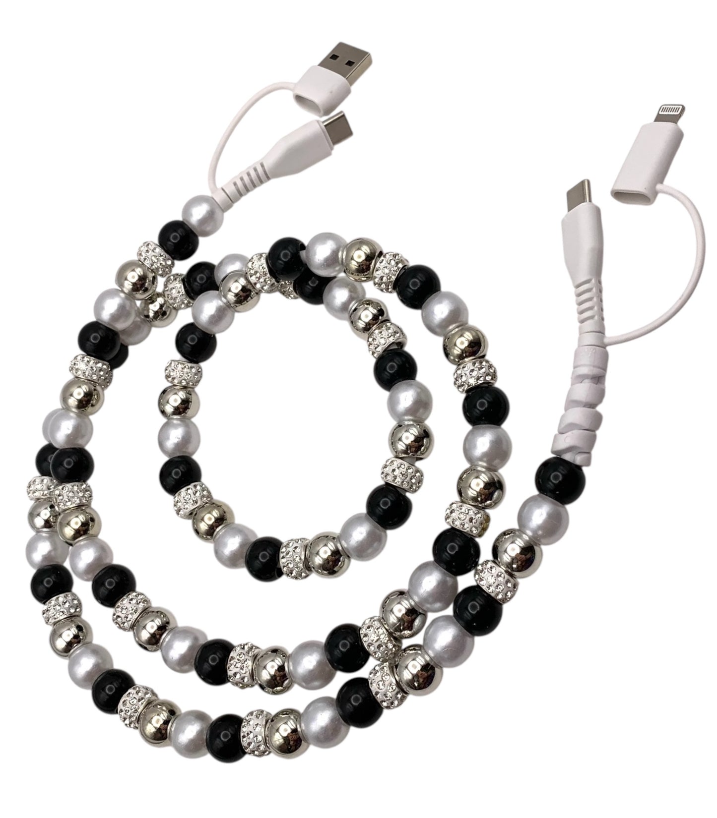 Beaded Phone Charger • Black Tie W/ Rhinestones