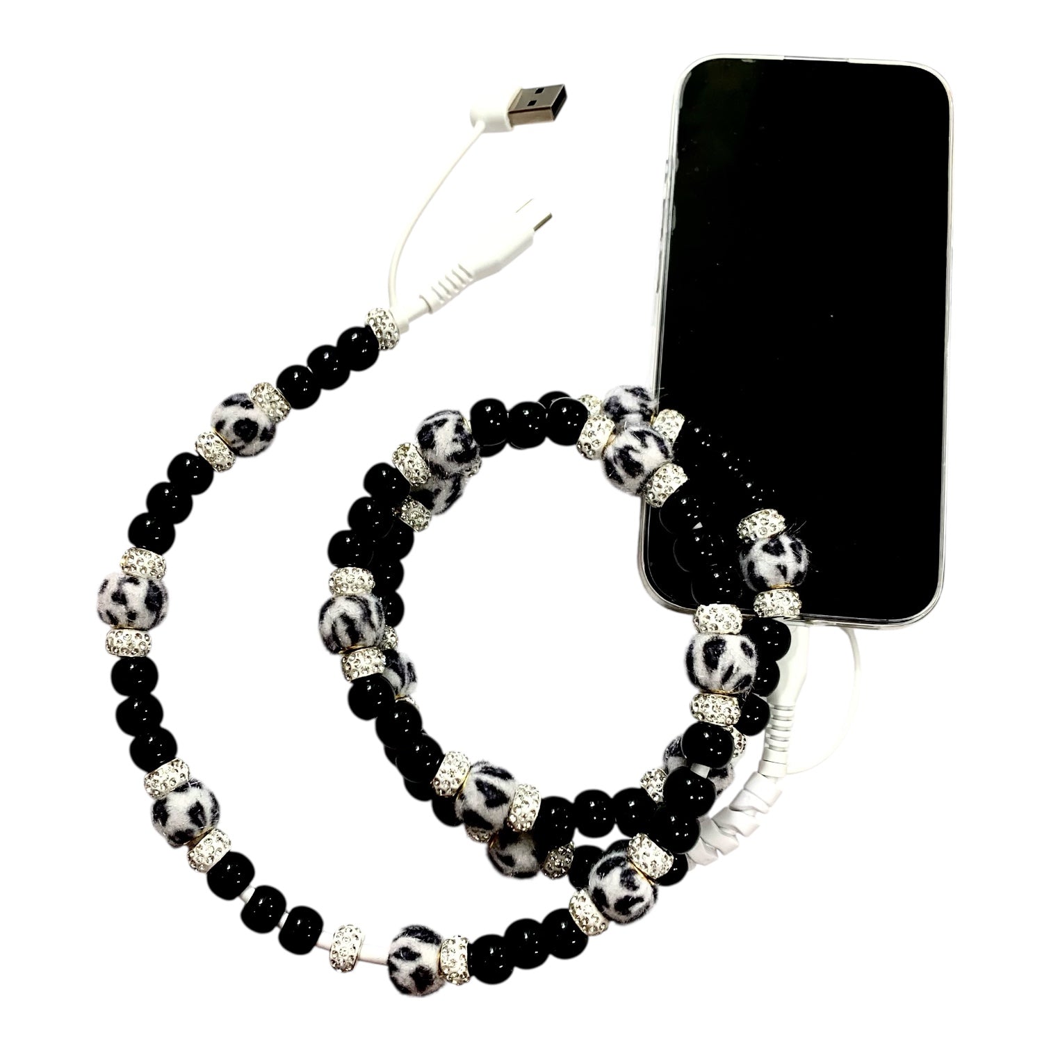 Pearl and rainbow flower cell phone cable